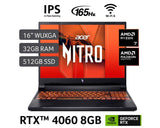 Acer nitro V16 Ryzen 7 8845HS, 16GB Ram, 1TB SSD, Nvidia 4060 8GB, 16Pulg,