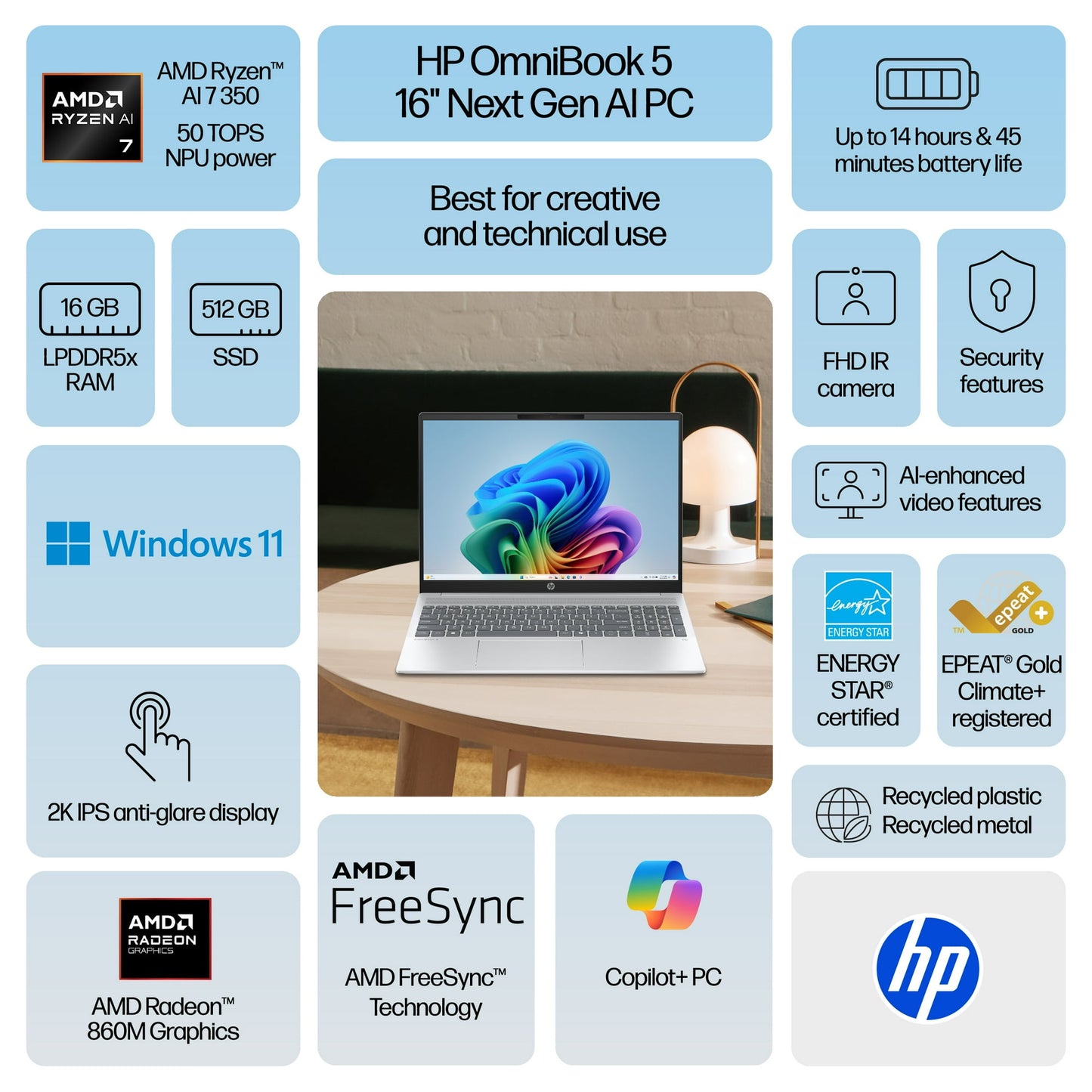 HP omnibook 5, Ryzen 7 AI 350, 512GB SSD, 16Gb RAM, 16''