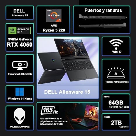 DELL ALIENWARE 15 RYZEN 5 220 16GB RAM 512GB SSD RTX 4050 15,3"
